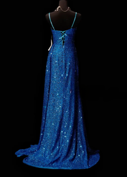 Spaghetti Strap Rhinestone Trim Sequin Corset Slit Mermaid Evening Gown  fg8913