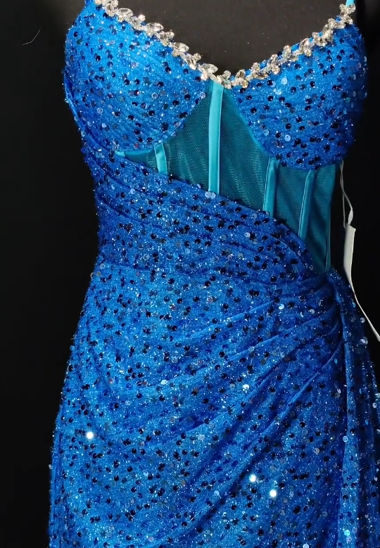 Spaghetti Strap Rhinestone Trim Sequin Corset Slit Mermaid Evening Gown  fg8913