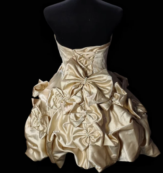 Strapless Bow Pearl Satin Short Puffy Party Dress  fg8904