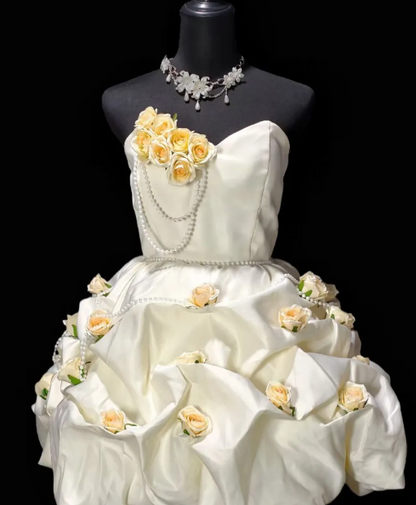 Strapless 3D Rose Pearl Satin Short Puffy Formal Dress  fg8905