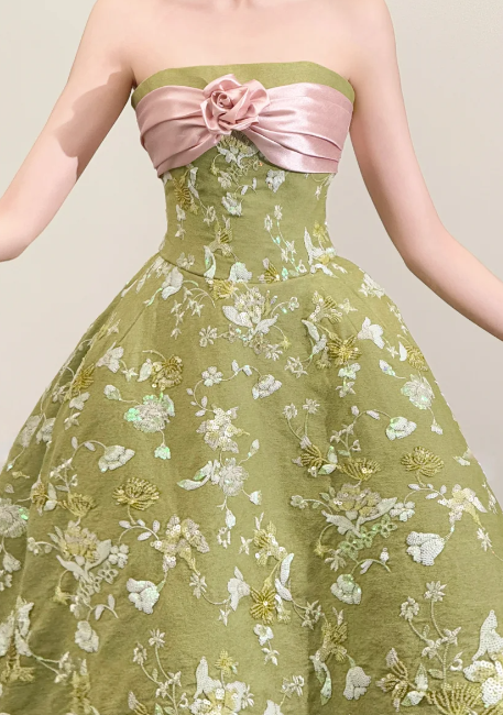 Green Strapless Floral Rosette Midi Evening Dress fg9095