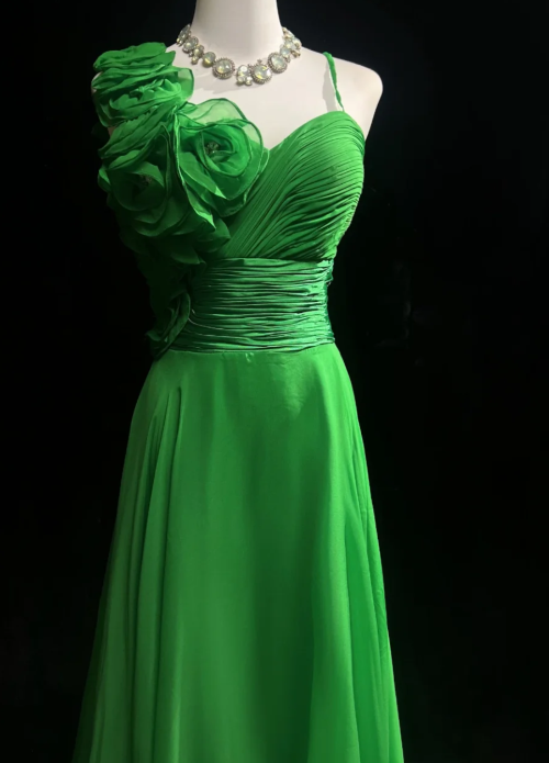 Green One-Shoulder 3D Floral Chiffon Formal Evening Gown fg9050