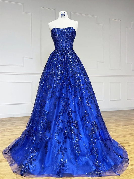 A-Line Sweetheart Neck Tulle Sequin Blue Long Prom Dress, Blue Long Formal Dress      fg4925