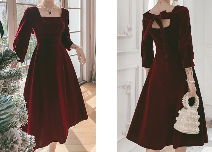 Vintage Square Necking Tea Length Burgundy Velvet Prom Dresses       fg4754