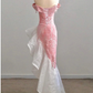 Lovely Pink Sequins Velvet High Low Prom Dress, Pink Mermaid Off The Shoulder Party Dress  fg4885
