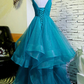 Teal Blue V-neckline Tulle Straps Layers Long Party Dresses, A-line Tulle Prom Dress Party Dress      fg4469