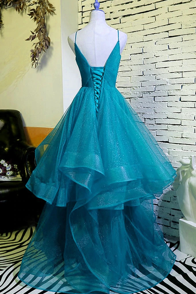 Teal Blue V-neckline Tulle Straps Layers Long Party Dresses, A-line Tulle Prom Dress Party Dress      fg4469