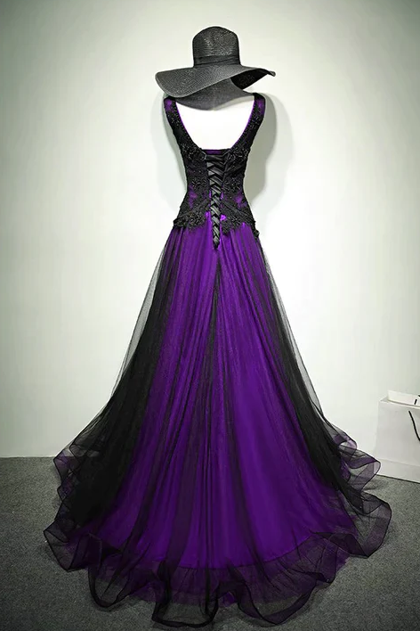 A-line Black and Purple Tulle V-neckline Beaded Prom Dress, Black Tulle Formal Dress    fg4932