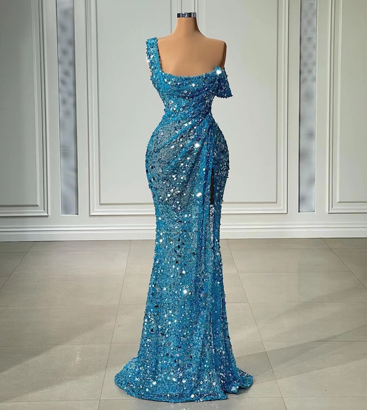 One Shoulder Sparkly Evening Dresses Long Mermaid Blue Sexy Formal Party Dresses      fg4286