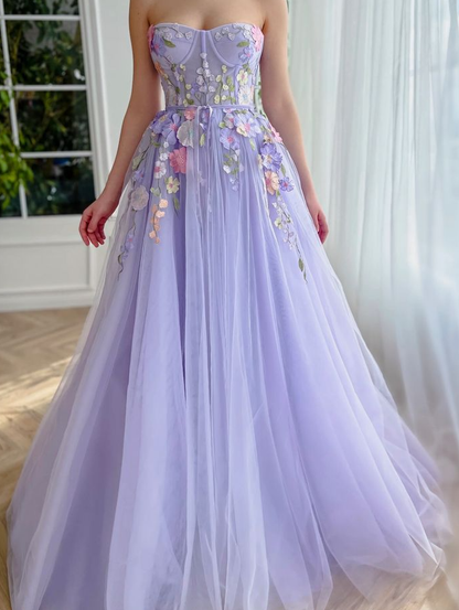 Lavender Floral Gown long prom dresses, evening dresses,party dresses, formal dress      fg3366