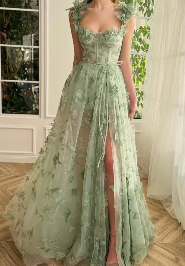 Green Tulle Butterfly Long Prom Dress      fg3594