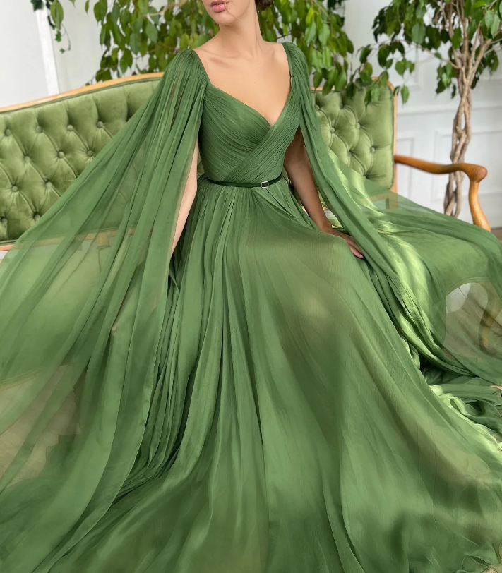 Green V-neck chiffon long prom dress A-line evening dress      fg260