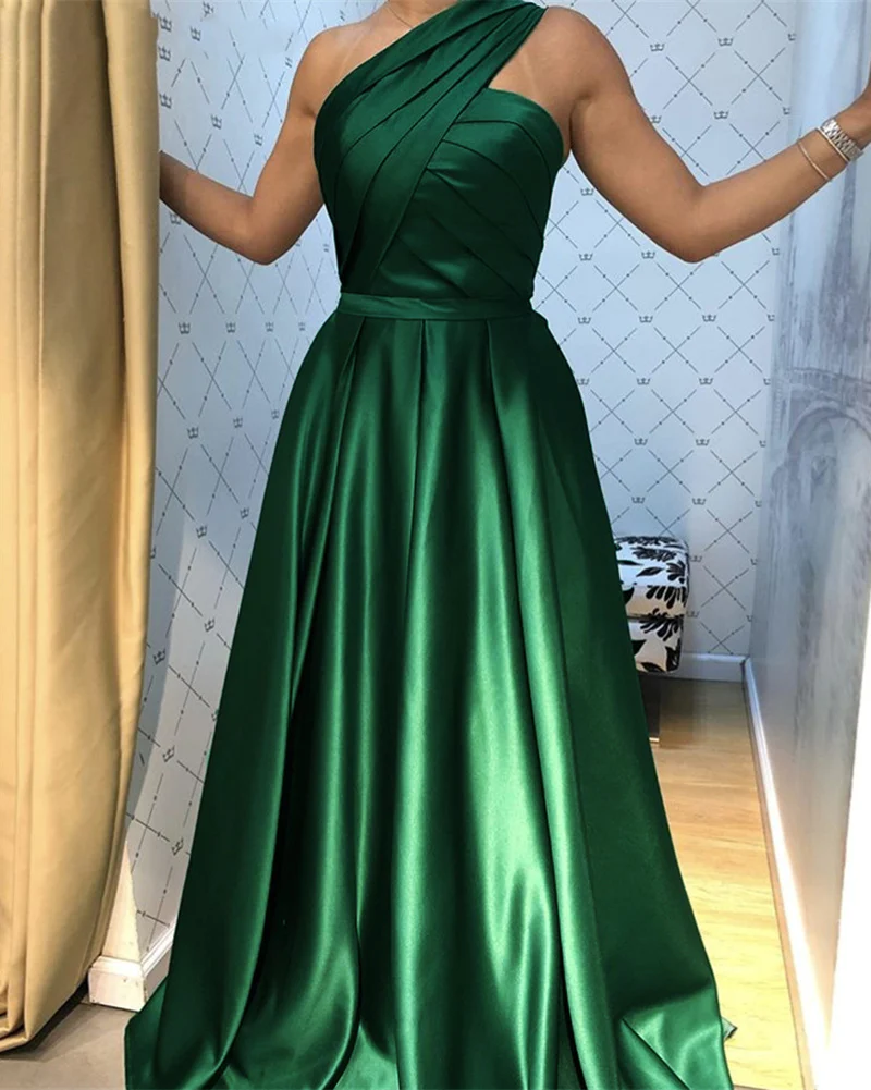 One Shoulder A Line Satin Emerald Green Formal Evening Dress,Prom Party Long Gown      fg4028