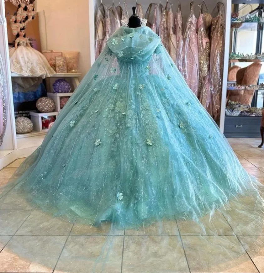 Mint Green Quinceanera Dresses with cape Floral Appliques Lace-up Back Corset prom Sweet 15 Girls Birthday Party dress      fg4290