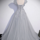 Gray Sweetheart Neck Tulle Lace Long Prom Dress, Gray Evening Dress      fg6115