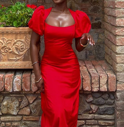 Sexy Puff Sleeves Gown Red Party Prom Evening Dress      fg6056