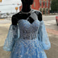 Blue Floral Lace Sweetheart A-Line Prom Gown with Sleeves     fg4213