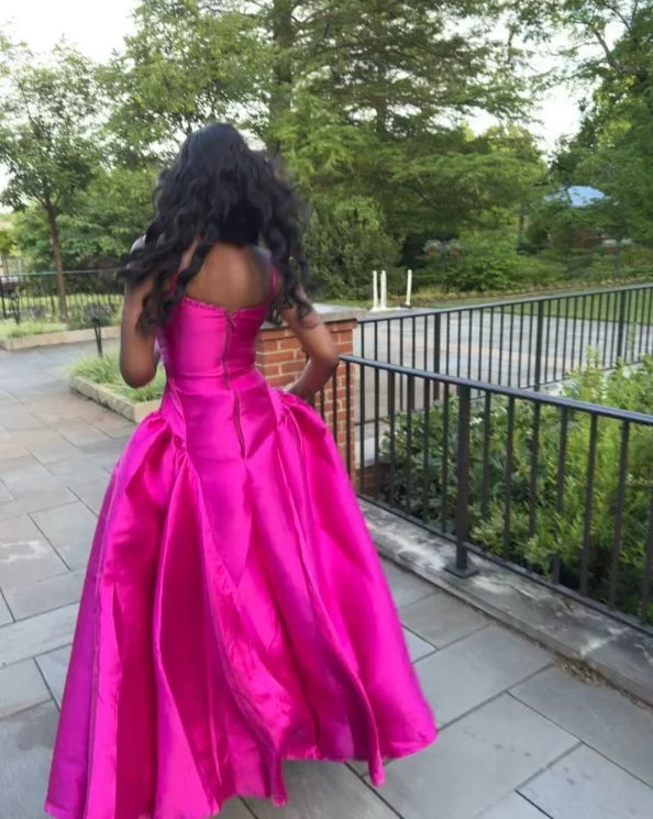 Fuchsia Spaghetti Straps A-Line Satin Long Formal Party Dress    fg7476