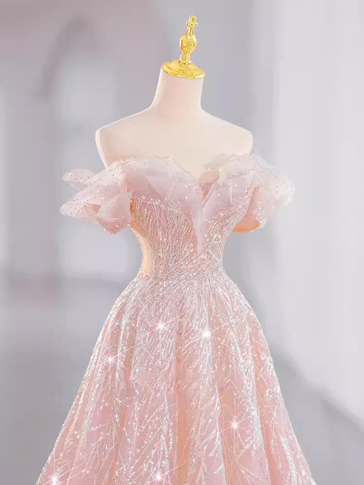 A line Off The Shoulder Pink Sequin Long Evening Dress Prom Dress  fg8583