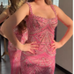 Superbe robe de soirée longue rose à bretelles spaghetti et paillettes et perles, robe de soirée formelle fg8357