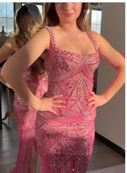 Superbe robe de soirée longue rose à bretelles spaghetti et paillettes et perles, robe de soirée formelle fg8357