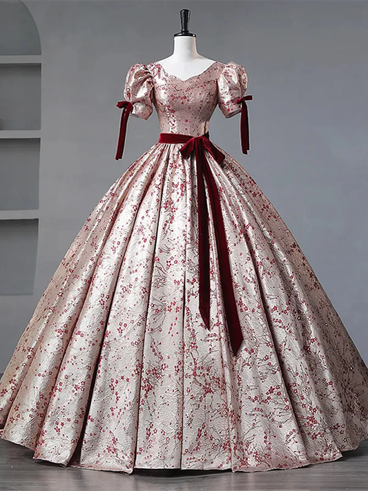 Floral Princess Gown with Burgundy Bows and Puff Sleeves, Long Prom Dress Party Dress  fg8735