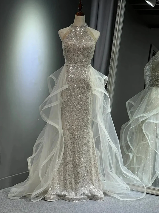 Chic White Tulle and Sequins Long Prom Dress, Halter A-line Party Dress Evening Dress  fg8719