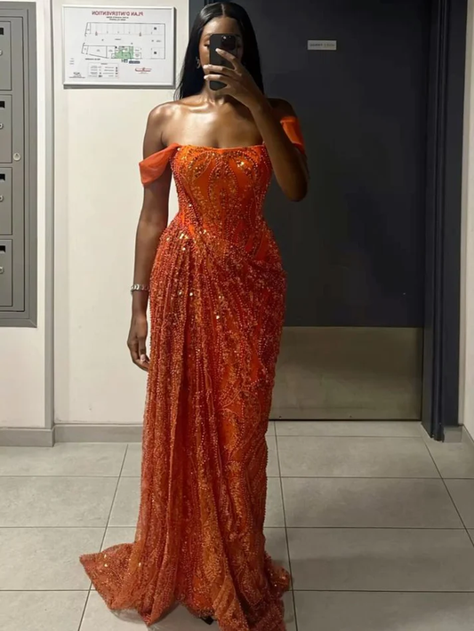 Classy A line Off The Shoulder Sequin Long Prom Dresses Formal Gown Summer Wedding Guest Dresses Wedding Guest Outfit  fg8564