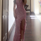 Pink Sequins Lace Feathers Mermaid Evening Dress Slit Prom Dress fg8566