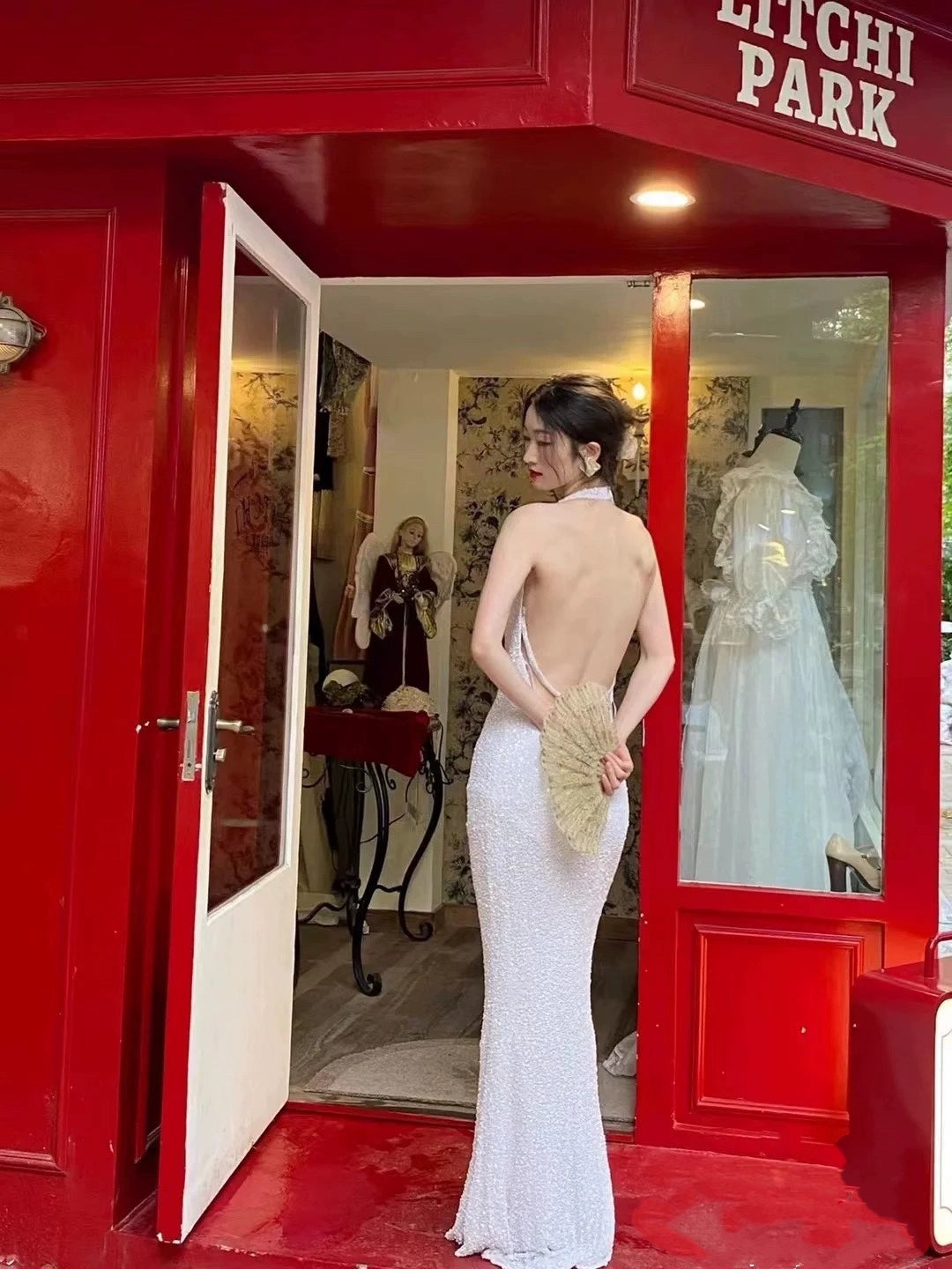 Halter Neck White Sequin Long Prom Dress Elegant Evening Dress fg8257