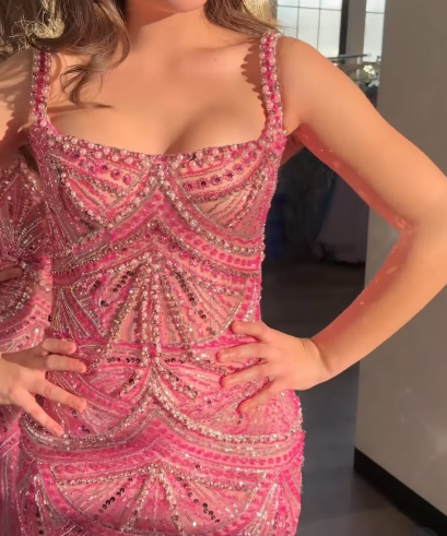 Superbe robe de soirée longue rose à bretelles spaghetti et paillettes et perles, robe de soirée formelle fg8357