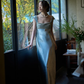 Elegant Blue A Line Straps Beaded Satin Long Prom Dress Evening  Dress fg8690