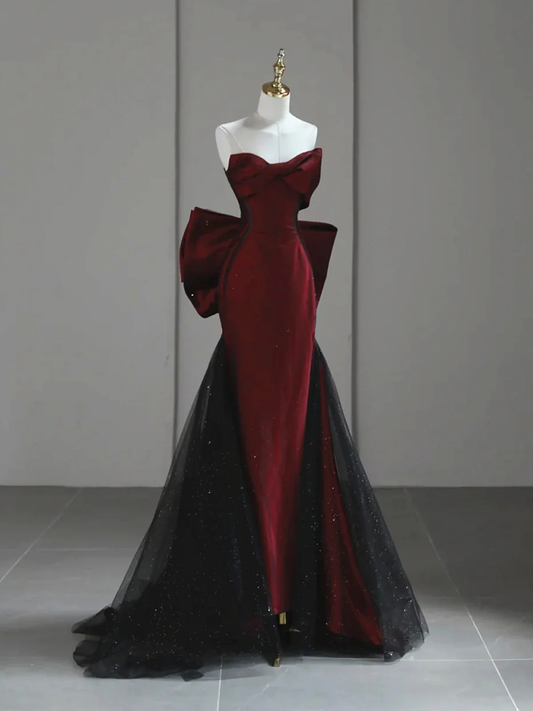 Black and Red Strapless Long Prom Dress, Elegant Evening Formal Gown with Bow  fg8747