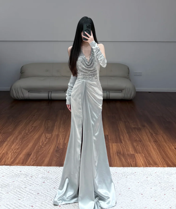 Buntes Meerjungfrau-Partykleid mit Pailletten und langen Abschlusskleidern fg8362