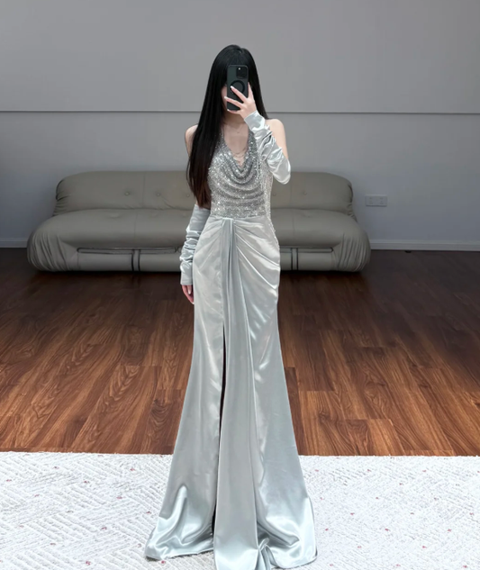 V Neck Satin Prom Party Dress Mermaid Sparkling Evening Dress Graduation Dress fg8701