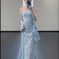 Blue Lace Mermaid Long Prom Dress Sexy Evening Dresses With Side Split   fg7665