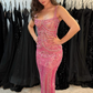 Superbe robe de soirée longue rose à bretelles spaghetti et paillettes et perles, robe de soirée formelle fg8357