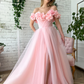 Robe de bal à fleurs roses, robe de soirée à épaules dénudées, longue robe de bal en tulle fg4679