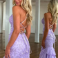 Stunning Lilac Mermaid Spaghetti Straps Silt Prom Dress Backless Lace Applique Evening Dress with Ruffles  fg8540