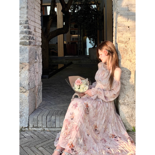 French floral off-shoulder long dress fairy dress  A88