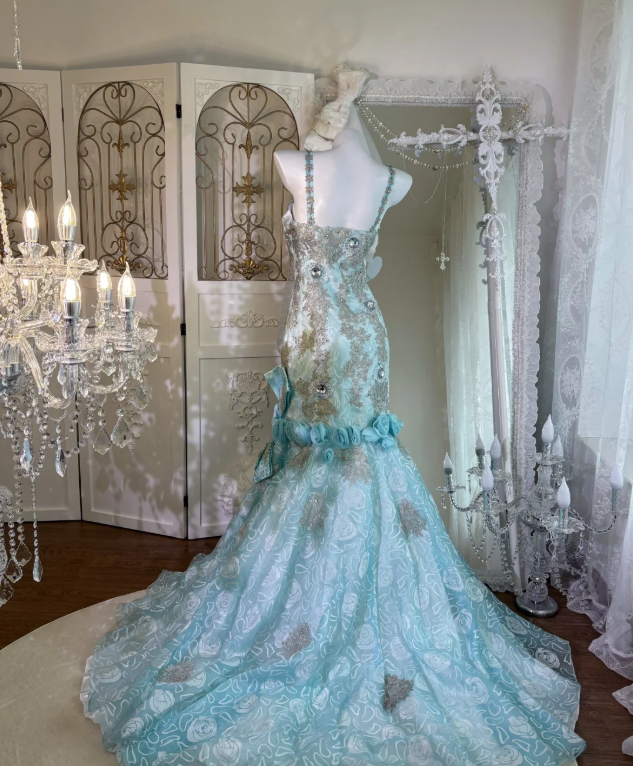 Blue Mermaid Lace Prom Party Dress Evening Dress Birthday Dress  fg8647