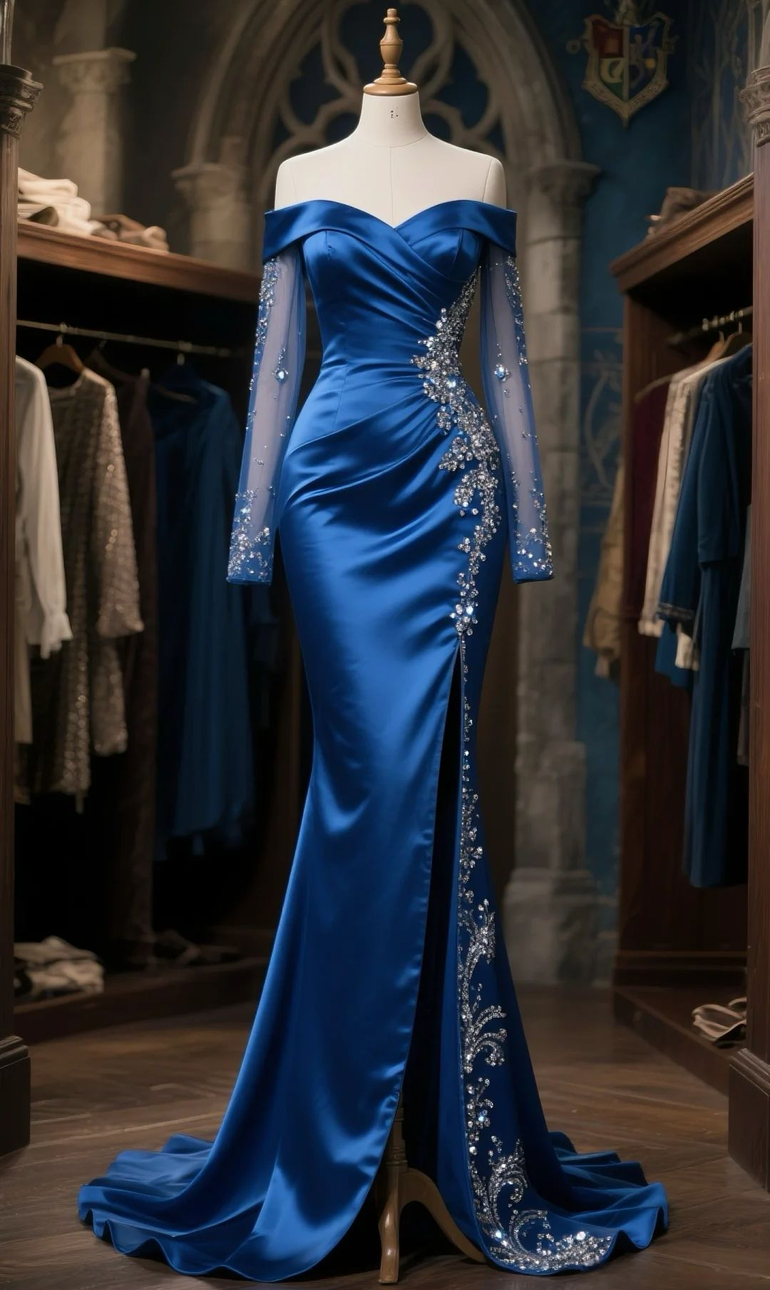 Elegant Off The Shoulder Satin Tulle Long Sleeves Beaded Slit Long Prom Dress, Evening Dress  fg8416