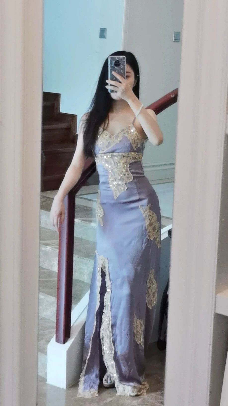 Elegant Satin Long Prom Dress With Split Vintage Evening Dress With Lace Applique fg8256