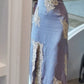Elegant Satin Long Prom Dress With Split Vintage Evening Dress With Lace Applique fg8256
