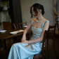 Elegant Blue A Line Straps Beaded Satin Long Prom Dress Evening  Dress fg8690