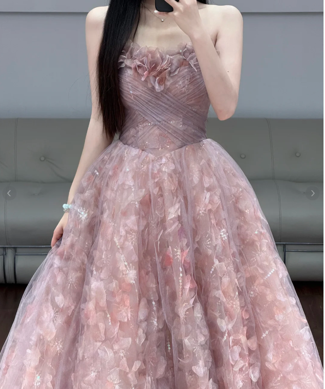Pink Flora Prom Party Dress Sleeveless Tulle Evening Dress  fg8710