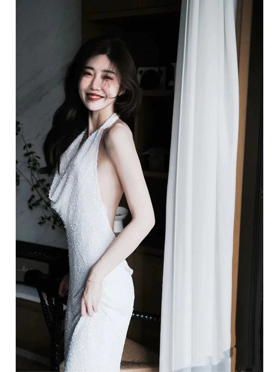 Halter Neck White Sequin Long Prom Dress Elegant Evening Dress fg8257