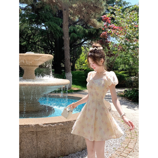 Yellow floral short-sleeved dress  A54