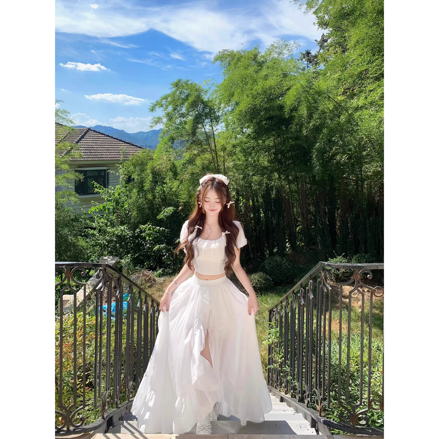 Pure white top and skirt set for summer  A100