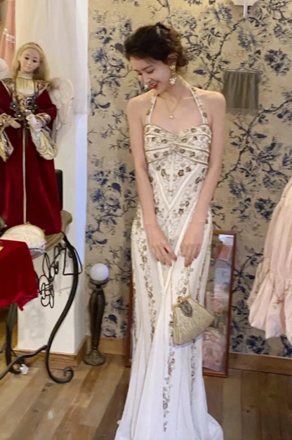 White Mermaid Long Prom Dress Beaded Vintage Evening Dress fg8255